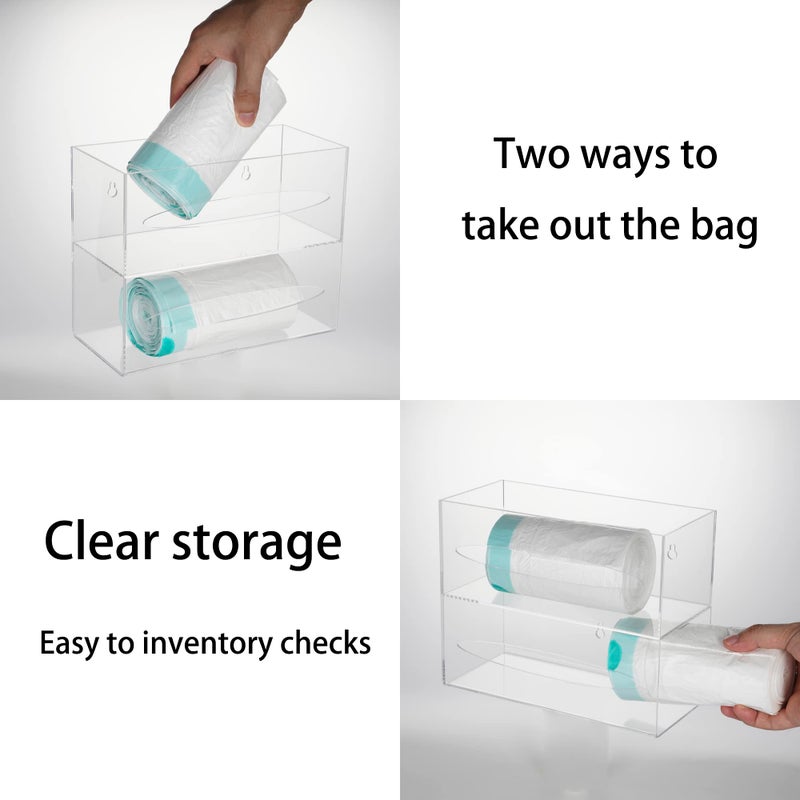 SEANADO Trash Bag Dispenser Holder, 2 Compartment Wall Mount Acrylic Kitchen Double Side Loaded Organizer Storage Box Holder for Garbage Bag Grocery Bag Plastic Bag(10 x 4.7X 8inches) - Image 2